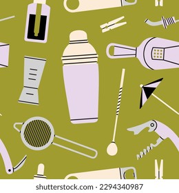 Seamless pattern with different bartender tools: stirrer, shaker, ice scoop, jigger, corkscrew, bottle opener, liquor pourer, strainer etc. Hand drawn vector illustration. Bar equipment. Party concept