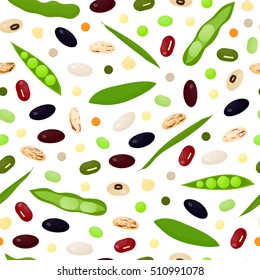 Seamless pattern with different beans and legumes.