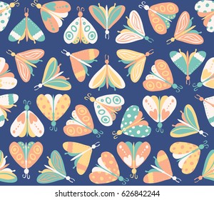 Seamless pattern with different beautiful butterflies. Vector illustration