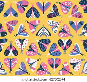 Seamless pattern with different beautiful butterflies. Vector illustration