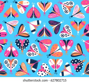 Seamless pattern with different beautiful butterflies. Vector illustration