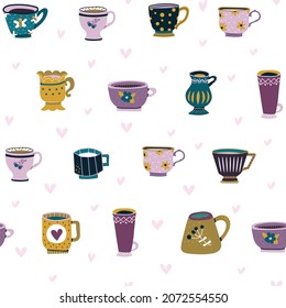 Seamless pattern of different beautiful cups on a white background. Design element. Beautiful glassware for drinks. Coloring. Vector illustration. Flat design.