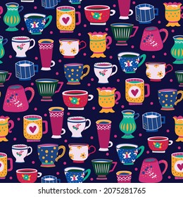 Seamless pattern of different beautiful cups on a dark background. Design element. Beautiful glassware for drinks. Coloring. Vector illustration. Flat design.