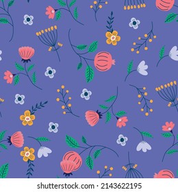 Seamless pattern with different beautiful flowers on a trendy purple background