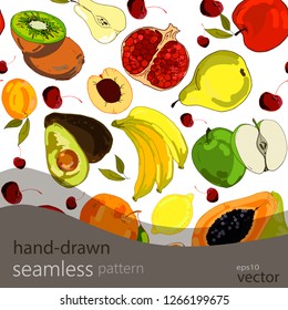 Seamless pattern with different beautiful fruits. Hand drawing. Isolated on white background. Vector graphics.