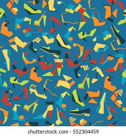 Seamless pattern with different beautiful shoes on blue background. Vector illustration with sandals, shoes and heels. Tileable geometric style design for fabric, pattern paper and fashion design. 