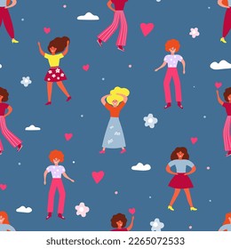 A seamless pattern with different beautiful women. Funny happy girls laughing, dancing. Vector graphics.