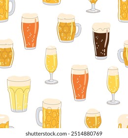 Seamless pattern with different beer glasses on simple background. Hand drawn trendy flat vector illustrations for bar menu, beer festival, brewing concept.