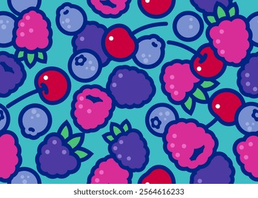 Seamless pattern with different berries and leaves on a blue background.