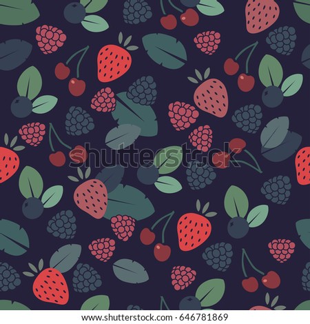 Seamless pattern of different berries and leaves