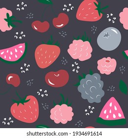 seamless pattern different berries on a dark background. vector illustration for textiles, paper, baby clothes. cherry, strawberry, blueberry, raspberry, blackberry with abstract elements