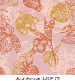 Seamless pattern of different berries. Summer fruit berry ornament. Hand drawn vector illustration. Retro engraving style design for decor, wallpaper, background.