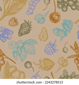 Seamless pattern of different berries. Summer fruit berry ornament. Hand drawn vector illustration. Retro engraving style design.