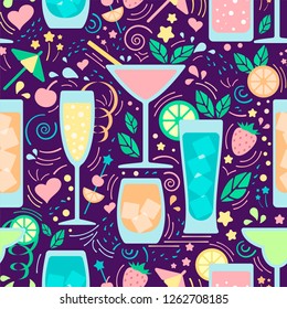 Seamless pattern with different beverages. Flat style vector illustration. Suitable for wallpaper, wrapping, textile or bar menu design