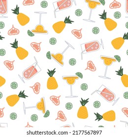 Seamless pattern with different beverages. Flat style vector illustration with fruits and cocktails. Good for wallpaper, wrapping, textile or bar menu design