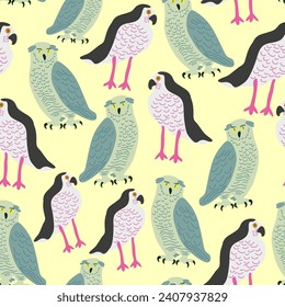 seamless pattern with different birds in flat style. Template for design, print, background, packaging, book, wrapping paper, fabric.