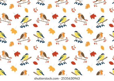 Seamless pattern with different birds, leaves and berries. Robin bird and tit. Birds of different breeds with berries on a branch. Autumn vector pattern, cartoon, flat style.