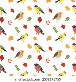 Seamless pattern with different birds, leaves and berries. Birds of different breeds. Autumn vector pattern, flat style.