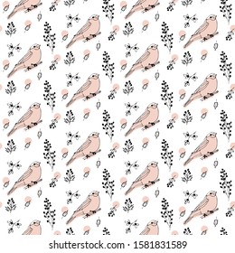 seamless pattern. different birds on a branch among a variety of plants and flowers. vector illustration
