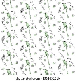 seamless pattern. different birds on a branch among a variety of plants and flowers. vector illustration