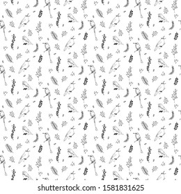seamless pattern. different birds on a branch among a variety of plants and flowers. vector illustration