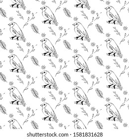 seamless pattern. different birds on a branch among a variety of plants and flowers. vector illustration