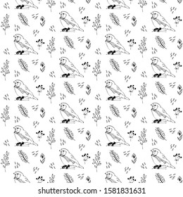 seamless pattern. different birds on a branch among a variety of plants and flowers. vector illustration