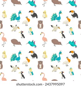 Seamless pattern with different birds, on white background, children's pattern, for fabric, wrapping paper, wallpaper 