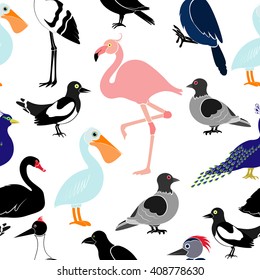 Seamless pattern with different birds on white background. Pelican, flamingo, woodpecker, swan, magpie, swallow, crows, cranes, peacock, pigeon.