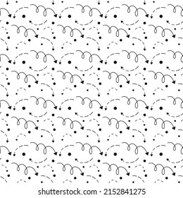 Seamless pattern with different black directions arrows and dots on the white background. Simple vector pattern for notebook, textile, packaging and decorative paper.