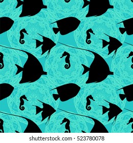 Seamless pattern with different black fishes on beautiful blue background with mandalas, vector illustration