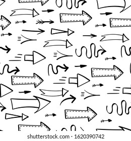 Seamless pattern with different black hand drawn arrows points to the right. Vector illustration.
