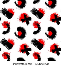 Seamless pattern with different black and red brush strokes, splashes on white background. Abstract vector wallpaper. Ink grunge texture. 