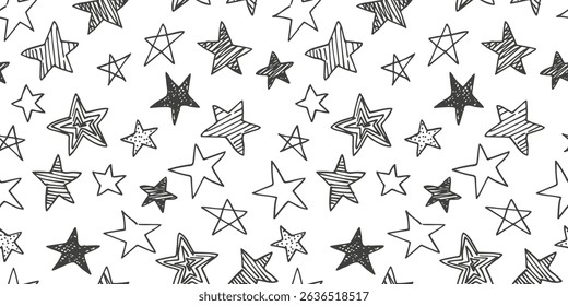 Seamless Pattern of different Black Stars. Grunge Hand drawn Stars Endless Background. Doodle stars textured graffiti elements. Vector illustration isolated