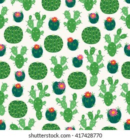 Seamless pattern with different blooming cactus on white background. Perfect for wallpaper, gift paper, Mexican greeting cards. Vector illustration