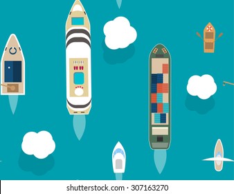 Seamless pattern with different boats and ships top view, vector illustration