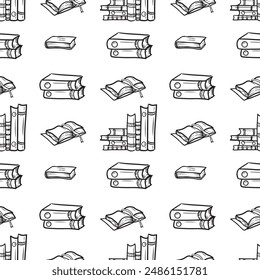 Seamless pattern with different books folds, opened notebook in black isolated on white. Hand drawn vector sketch illustration in doodle engraved vintage line art style. Knowledge, study, school.
