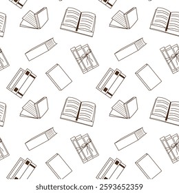 Seamless pattern with different books, line art. Stacks of books for reading, open books. Flat vector pattern, outline, doodle.