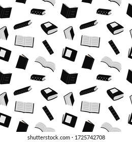 Seamless pattern with different books silhouette on white background. Back to school, literacy, library, reading, education, teaching, learning concept. Vector illustration.