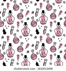 Seamless pattern of different bottles and cans magic potions and liquids to the magic of cooking or kitchen design. Hallween witch night concept. Simlpe doodle linear illustration