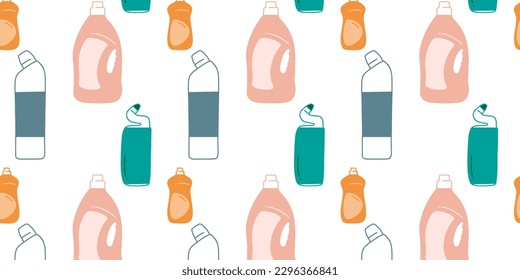 A seamless pattern of different bottles of dishwashing detergent.