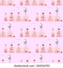 Seamless pattern with different bottles with love potion inside. 