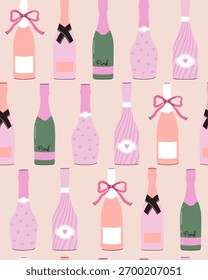 Seamless pattern with different bottles of sparkling wine. Vector graphics.