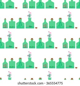 Seamless pattern with different bottles with various aromatic herbs inside. 