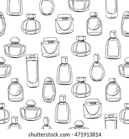 Seamless pattern with different bottles of woman perfume. Contour, black and white. Endless texture for fashion design,wrappings,fabrics.