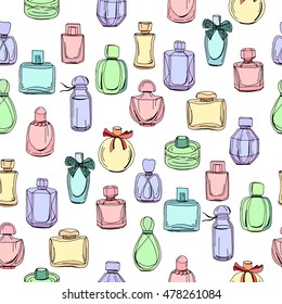 Seamless pattern with different bottles of woman perfume.  Endless texture for fashion design,wrappings,fabrics.