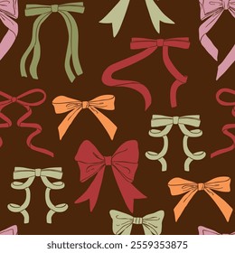 Seamless pattern with different bows drawn in flat style. Holiday, gifts. Hand drawn vector illustration.