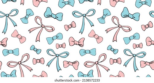 Seamless pattern with different bows, ribbons. Cute fun simple abstract vector background, texture for fabric, wrapping paper, kids design