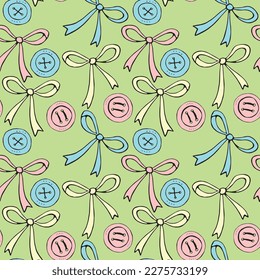 Seamless pattern with different bows, ribbons, clothes buttons. Cute fun color vector background, texture for fabric, wrapping paper, kids design. Sewing, textile theme.
