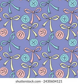 Seamless pattern with different bows, ribbons, clothes buttons. Cute fun color vector background, texture for fabric, wrapping paper, kids design. Sewing, textile theme.